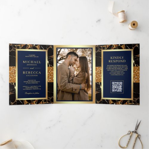 Navy Blue Black Marble Gold QR Code Wedding Tri-Fold Invitation