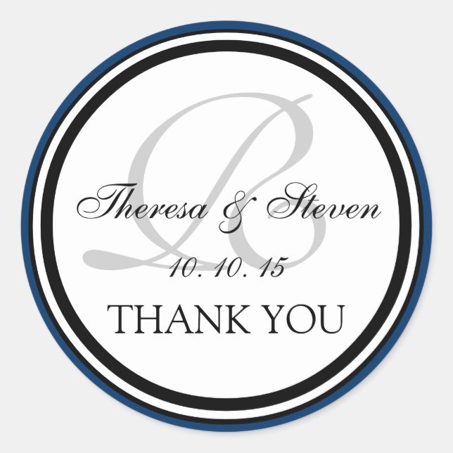 Navy Blue Black Monogram R Wedding Thank You Classic Round Sticker (Front)