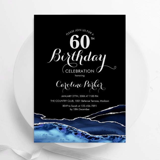Navy Blue Black Silver Agate 60th Birthday Invitation (Creator Uploaded)