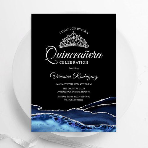 Navy Blue Black Silver Agate Quinceanera  Invitation