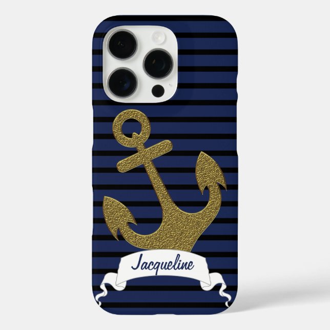 Navy Blue Black Stripes Gold Anchor Ribbon Name Case-Mate iPhone Case (Back)