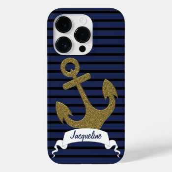 Navy Blue Black Stripes Gold Anchor Ribbon Name Case-mate Iphone 14 Pro Case by SocialiteDesigns at Zazzle