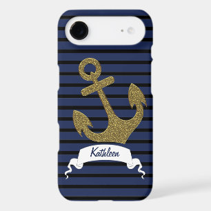 Navy Blue Black Stripes Gold Anchor Ribbon Name iPhone 17 Air Case