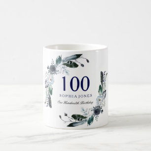 Navy Blue Black White Floral 100th Birthday Gift Coffee Mug