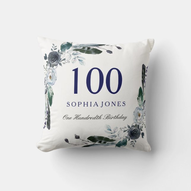 Navy Blue Black White Floral 100th Birthday Gift Throw Pillow (Front)