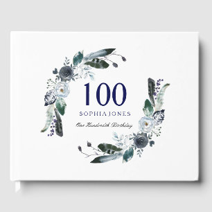 Navy Blue Black White Floral 100th Birthday Guest Book