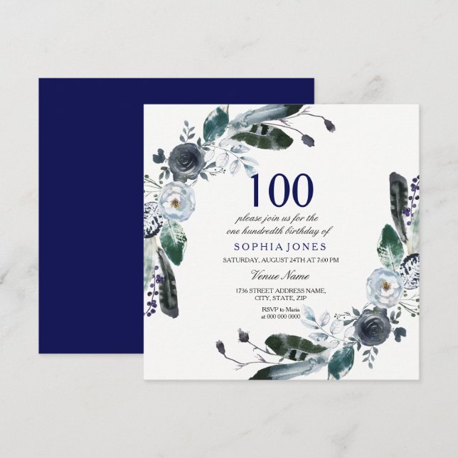 Navy Blue Black White Floral 100th Birthday Invite (Front/Back)