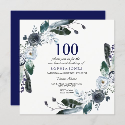 Navy Blue Black White Floral 100th Birthday Invite