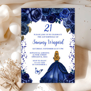 Navy Blue Blonde Hair Princess Birthday Party Invitation