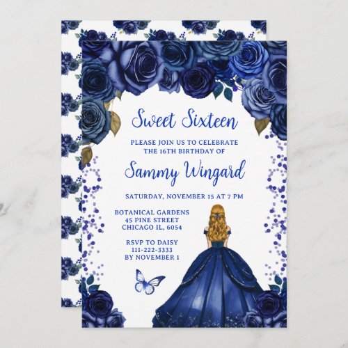 Navy Blue Blonde Hair Princess Sweet Sixteen Invitation