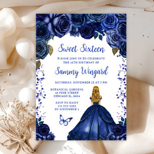 Navy Blue Blonde Hair Princess Sweet Sixteen Invitation