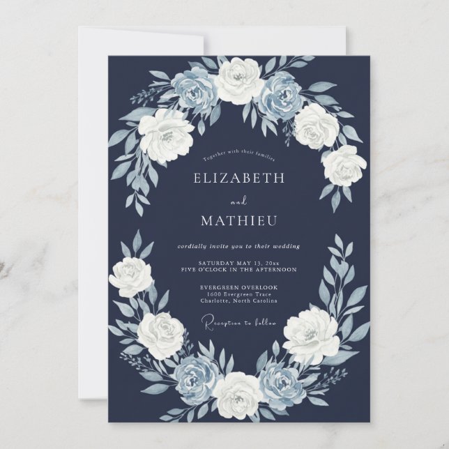 Navy Blue Blossom Wedding Invitation (Front)