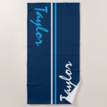 Navy Blue, Blue and White Striped Custom Name Beach Towel