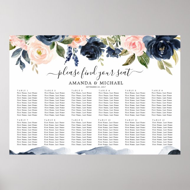Navy Blue Blue Blush Pink Botanical Seating Chart (Front)