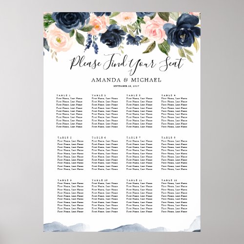 Navy Blue Blue Blush Pink Botanical Seating Chart