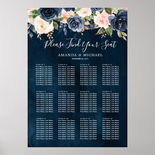 Navy Blue Blue Blush Pink Botanical Seating Chart