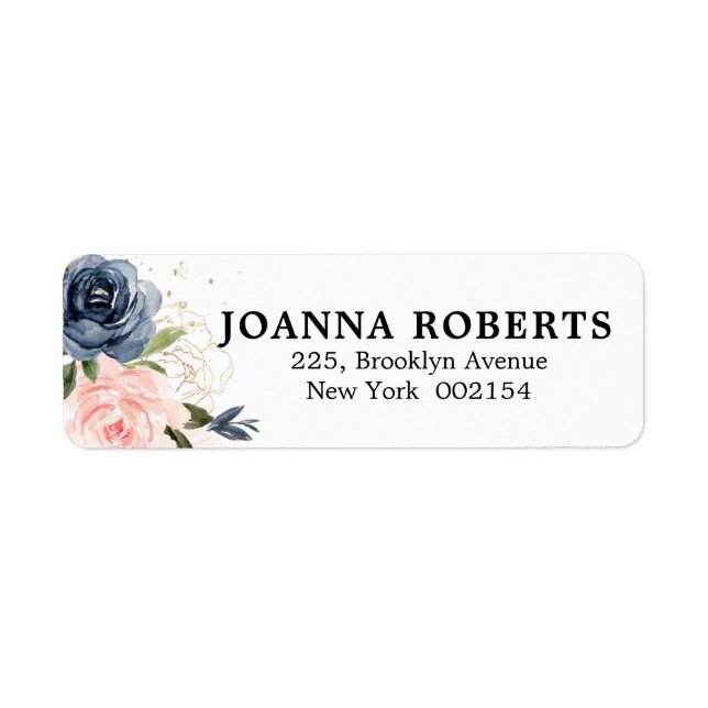 Navy Blue Blue Blush Pink Rose Botanical Address Label (Front)