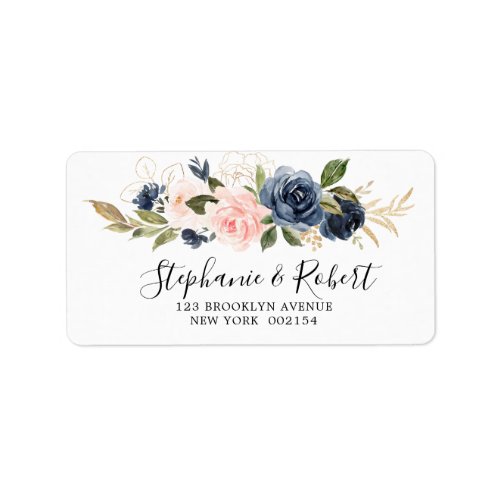 Navy Blue Blue Blush Pink Rose Botanical Address Label