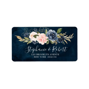Navy Blue Blue Blush Pink Rose Botanical Address Label