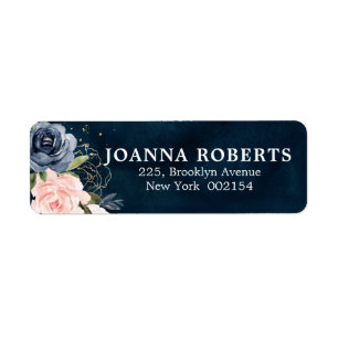 Navy Blue Blue Blush Pink Rose Botanical Address Label