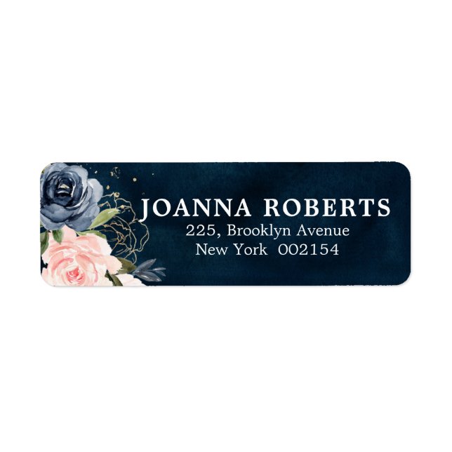 Navy Blue Blue Blush Pink Rose Botanical Address Label (Front)