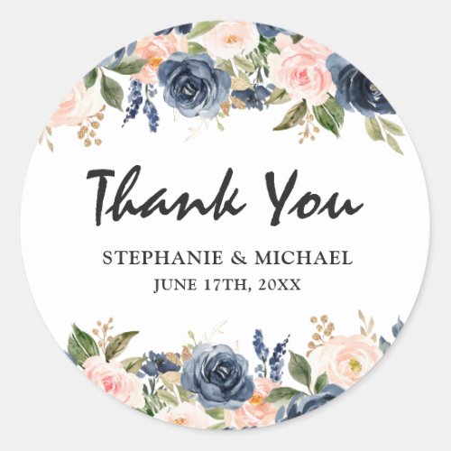 Navy Blue Blue Blush Pink Rose Botanical Classic Round Sticker