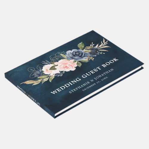 Navy Blue Blue Blush Pink Rose Botanical Guest Book