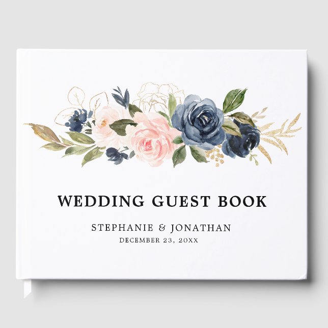 Navy Blue Blue Blush Pink Rose Botanical Guest Book (Front)