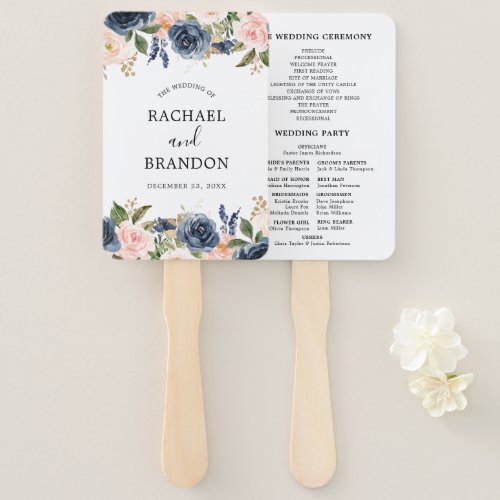 Navy Blue Blue Blush Pink Rose Botanical Hand Fan