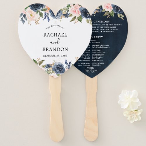 Navy Blue Blue Blush Pink Rose Botanical Heart Hand Fan