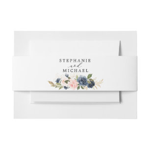 Navy Blue Blue Blush Pink Rose Botanical Invitation Belly Band