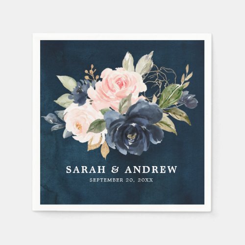 Navy Blue Blue Blush Pink Rose Botanical Napkins