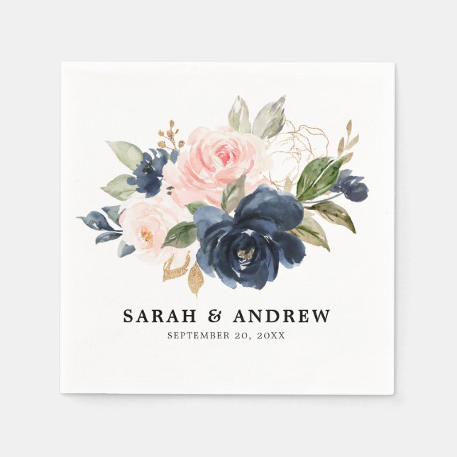 Navy Blue Blue Blush Pink Rose Botanical Napkins (Front)