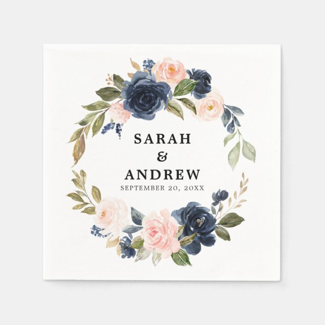 Navy Blue Blue Blush Pink Rose Botanical Napkins (Front)