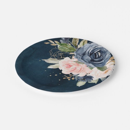 Navy Blue Blue Blush Pink Rose Botanical Wedding Paper Plates