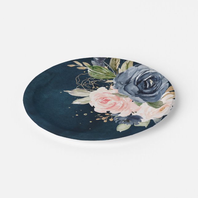Navy Blue Blue Blush Pink Rose Botanical Wedding Paper Plates (Angled)