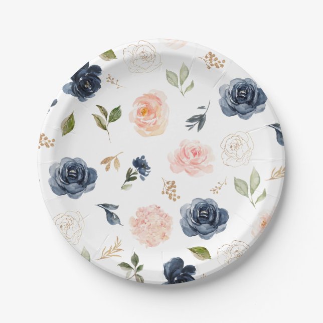 Navy Blue Blue Blush Pink Rose Botanical Wedding Paper Plates (Front)