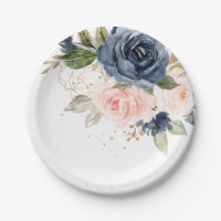 Navy Blue Blue Blush Pink Rose Botanical Wedding Paper Plates