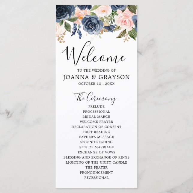 Navy Blue Blue Blush Pink Rose Botanical Wedding Program (Front)