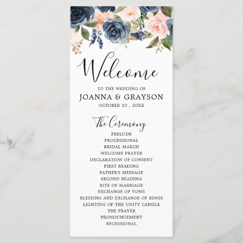 Navy Blue Blue Blush Pink Rose Botanical Wedding Program