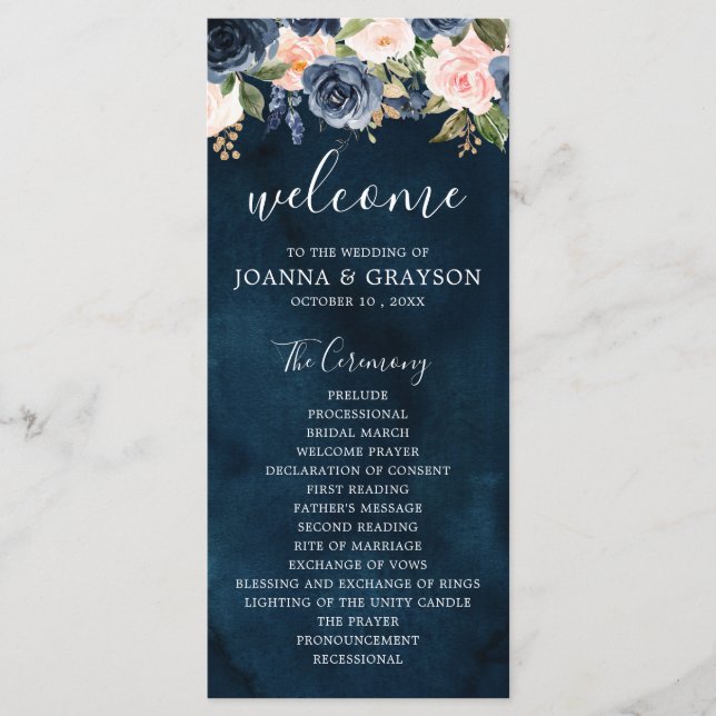 Navy Blue Blue Blush Pink Rose Botanical Wedding Program (Front)