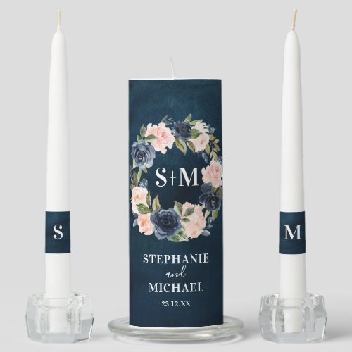 Navy Blue Blue Blush Pink Rose Botanical Wedding Unity Candle Set