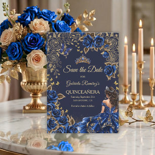 Navy Blue Blue Golden Tiara Roses Quinceañera Save The Date
