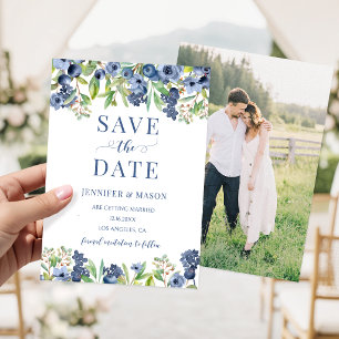 Navy Blue Blueberry Floral Save The Date Photo Invitation