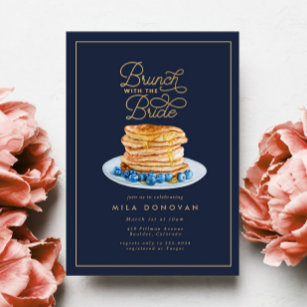 Navy Blue Blueberry Pancakes Bridal Shower Brunch Invitation