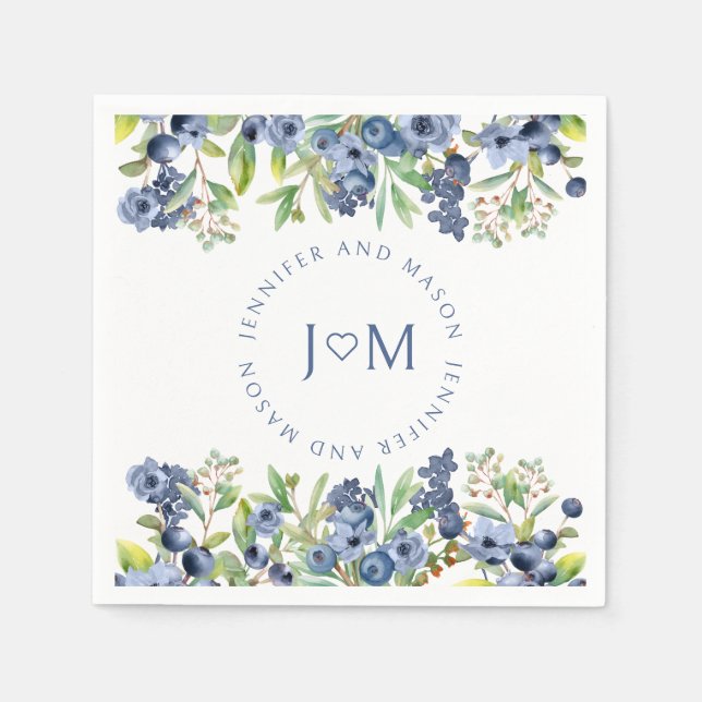 Navy blue blueberry wedding paper napkins (Front)