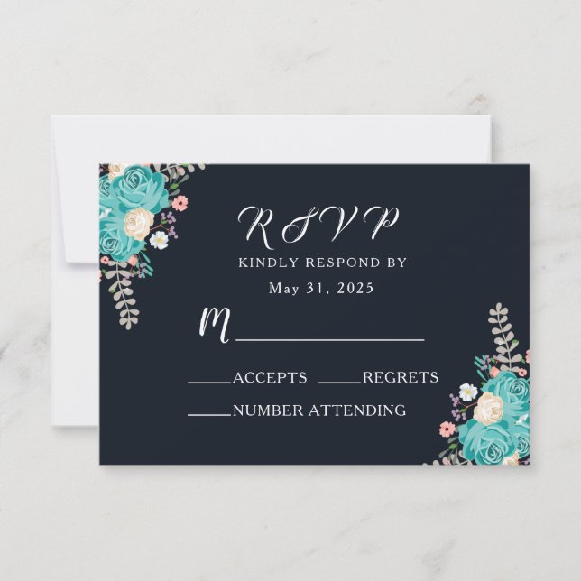 Navy Blue Bluish Flowers Wedding RSVP Card (Front)