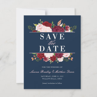 Navy Blue, Blush, and Burgundy Floral Watercolor Save The Date