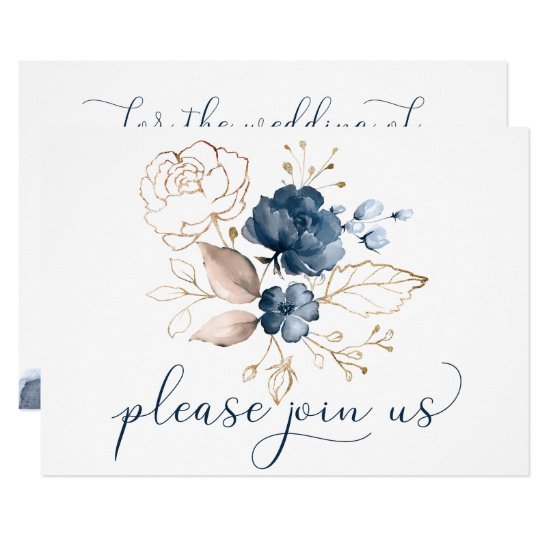 Navy Blue Blush and Gold Watercolor Floral Wedding Invitation