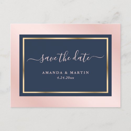 Navy Blue Blush and Gold Wedding Save The Date Announcement Postcard